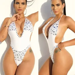 Womens Padded Up One Piece Push Up Monokini Diamond Swimwear crystal Swimsuit Sexy Backless Thong BeBadkleding