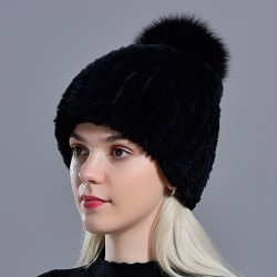 Knitted rabbit fur hat with pompomHats & Caps