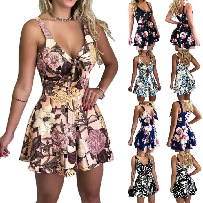 Womens Summer Print Jumpsuit Shorts Casual Loose Short Sleeve V-neck Beach Rompers Sleeveless BodycJumpsuits