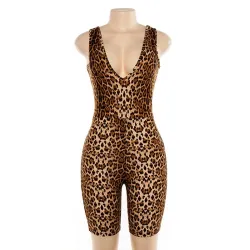 Cryptographic Sexy Deep V-Neck Sleeveless Leopard Rompers Womens Jumpsuit Short Summer Streetwear PlJumpsuits