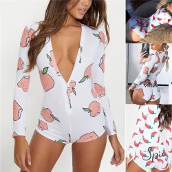 Sexy Women Deep V-neck Bodycon Sleepwear Jumpsuit Bodysuit Shorts Romper Bodysuit Leotard Long SleevBlouses & overhemden