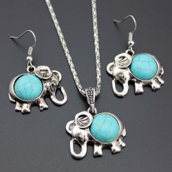 Antique Silver Color Jewelry Set Elephant Pendant Blue Beads Necklaces Drop Earrings Statement CharSieradensets