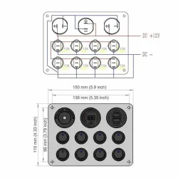 8 Gang toggle switch panel - 12V - 24V - Dual USB - digital voltmeter - waterproofSchakelaars