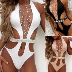 Sexy One-Piece badpak met mesh aan de voorkant en kristallen - monokiniBadkleding