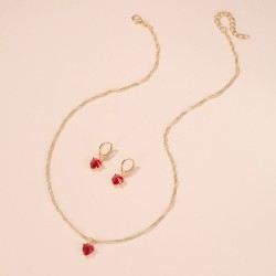 Golden necklace & earrings set with red heartNecklaces