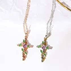 Cross with leaves pendant - necklace - womenHalskettingen