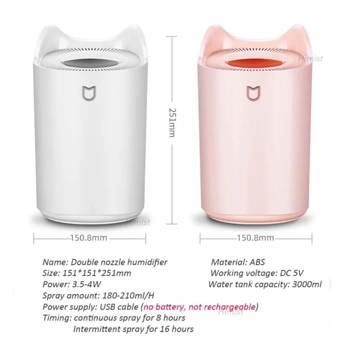 Air Humidifier - 3000ML - Double Nozzle - Cool Mist - Colorful LEDLuchtbevochtigers