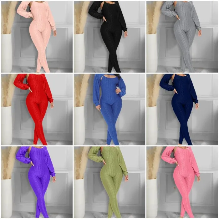 Elegante geribbelde jumpsuit met textuur - top met lange mouwen - uitgesneden achterkant - setJumpsuits