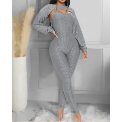 Elegant textured ribbed jumpsuit - long sleeve top - cut-out back - setJumpsuits