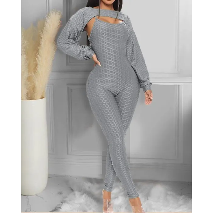 Elegante geribbelde jumpsuit met textuur - top met lange mouwen - uitgesneden achterkant - setJumpsuits