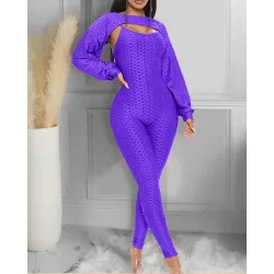 Elegante geribbelde jumpsuit met textuur - top met lange mouwen - uitgesneden achterkant - setJumpsuits