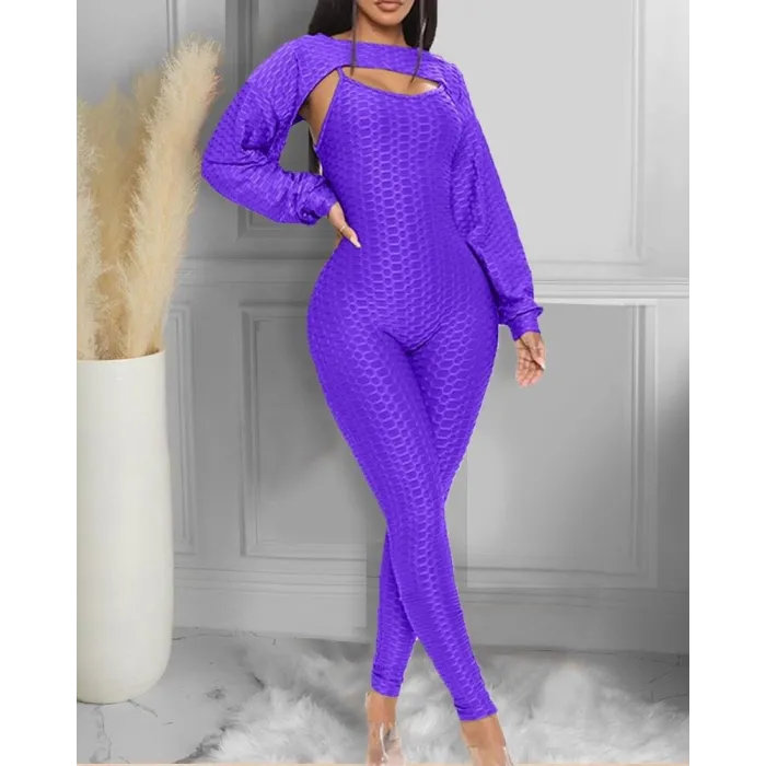 Elegante geribbelde jumpsuit met textuur - top met lange mouwen - uitgesneden achterkant - setJumpsuits