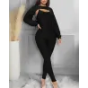 Elegant textured ribbed jumpsuit - long sleeve top - cut-out back - setJumpsuits