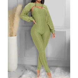 Elegante geribbelde jumpsuit met textuur - top met lange mouwen - uitgesneden achterkant - setJumpsuits
