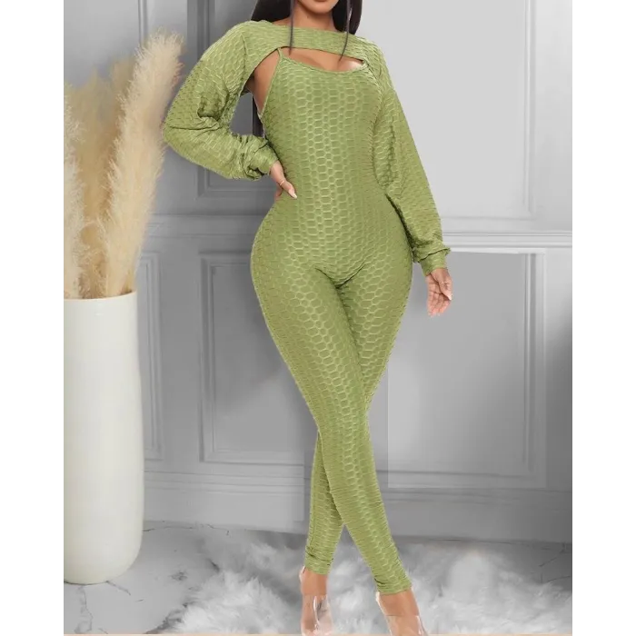 Elegante geribbelde jumpsuit met textuur - top met lange mouwen - uitgesneden achterkant - setJumpsuits