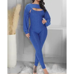 Elegant textured ribbed jumpsuit - long sleeve top - cut-out back - setJumpsuits