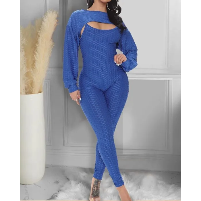 Elegant textured ribbed jumpsuit - long sleeve top - cut-out back - setJumpsuits