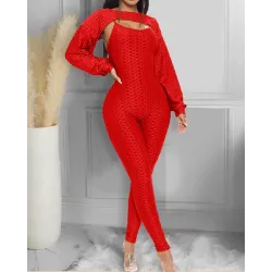 Elegant textured ribbed jumpsuit - long sleeve top - cut-out back - setJumpsuits