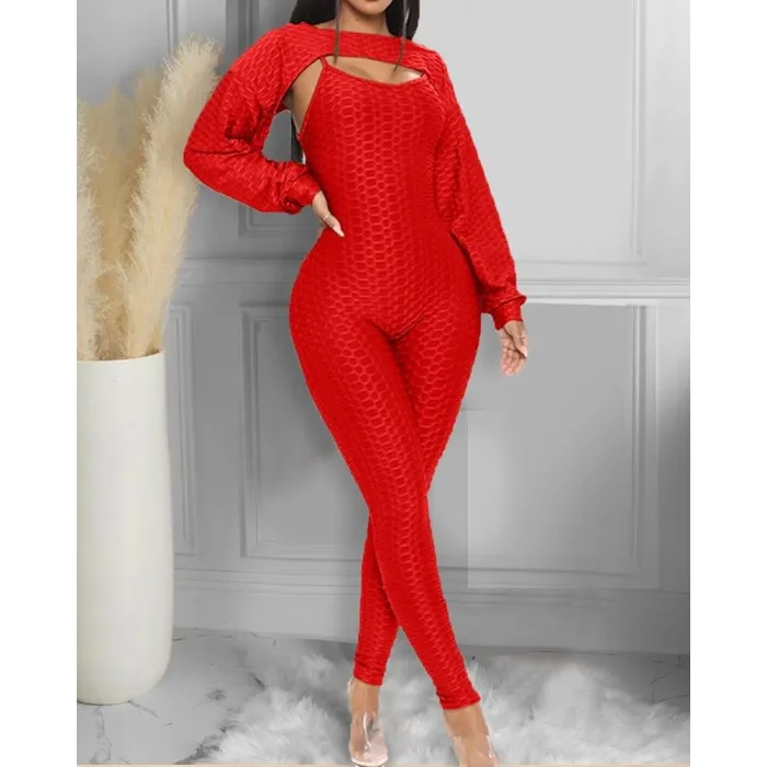 Elegant textured ribbed jumpsuit - long sleeve top - cut-out back - setJumpsuits
