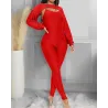 Elegant textured ribbed jumpsuit - long sleeve top - cut-out back - setJumpsuits