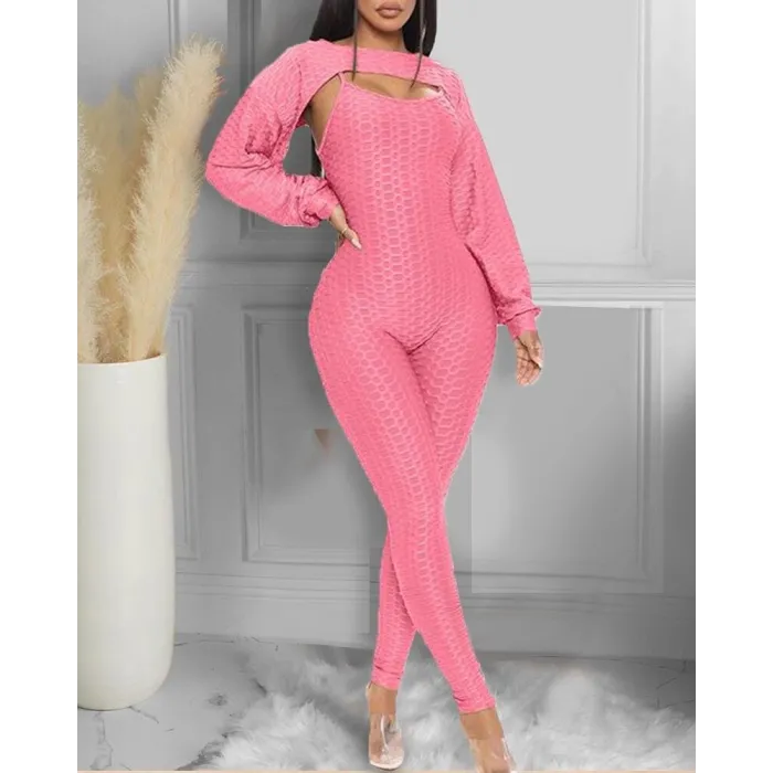 Elegant textured ribbed jumpsuit - long sleeve top - cut-out back - setJumpsuits