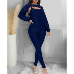 Elegante geribbelde jumpsuit met textuur - top met lange mouwen - uitgesneden achterkant - setJumpsuits