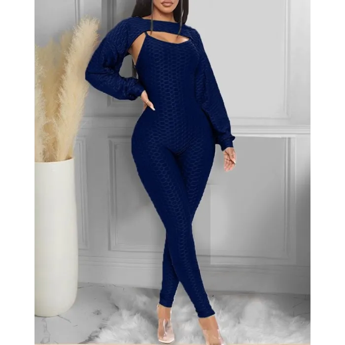 Elegant textured ribbed jumpsuit - long sleeve top - cut-out back - setJumpsuits
