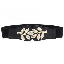 Fashionable elastic wide belt - leafs emblem buckleBelts