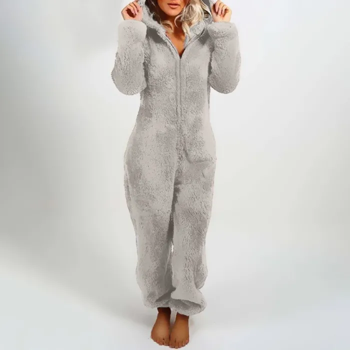 Plush romper with hoodie and zipper - winter pyjamaWomen's fashion