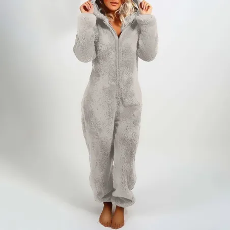 Pluche romper met capuchon en ritssluiting - winterpyjamaDames mode
