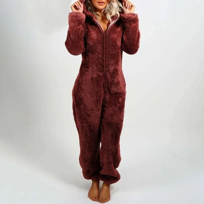Pluche romper met capuchon en ritssluiting - winterpyjamaDames mode