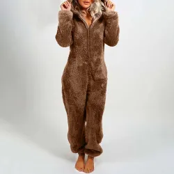 Pluche romper met capuchon en ritssluiting - winterpyjamaDames mode