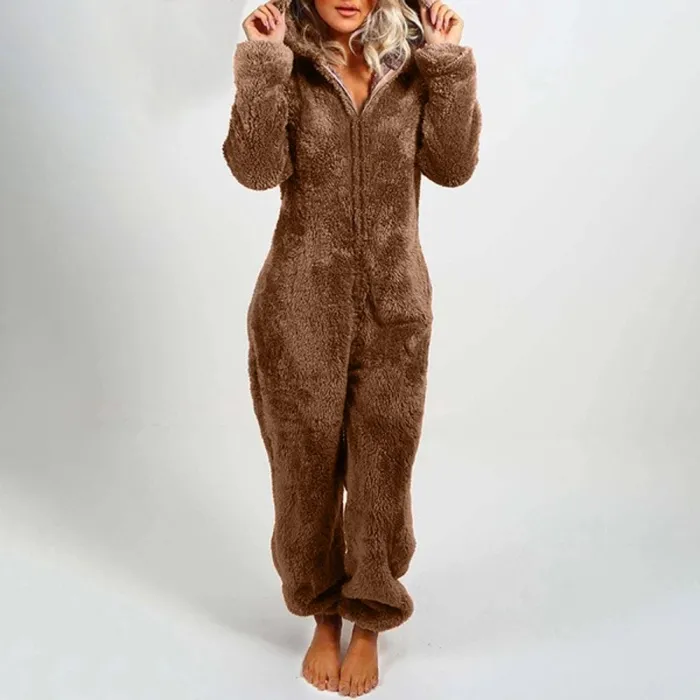 Pluche romper met capuchon en ritssluiting - winterpyjamaDames mode