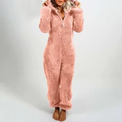 Pluche romper met capuchon en ritssluiting - winterpyjamaDames mode