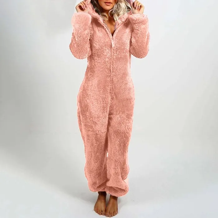 Pluche romper met capuchon en ritssluiting - winterpyjamaDames mode