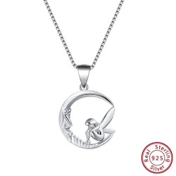 Fairy sitting on moon necklace pendant - stainless steel
