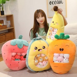 Plush cushion with small toys - transparent pocket - strawberry - avocado - banana - carrotCuddly toys