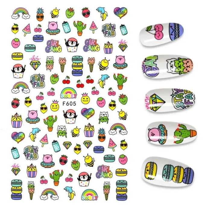 Nagelkunststickers - kleurrijke bloemen en tekenfilmsNagelstickers