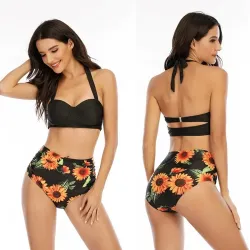 Sexy bikiniset - met push-up - hoge taille - zonnebloemenBadkleding