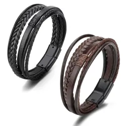 Trendy leren armband - meerlaags gevlochten touw - metalen sluiting - unisexArmbanden