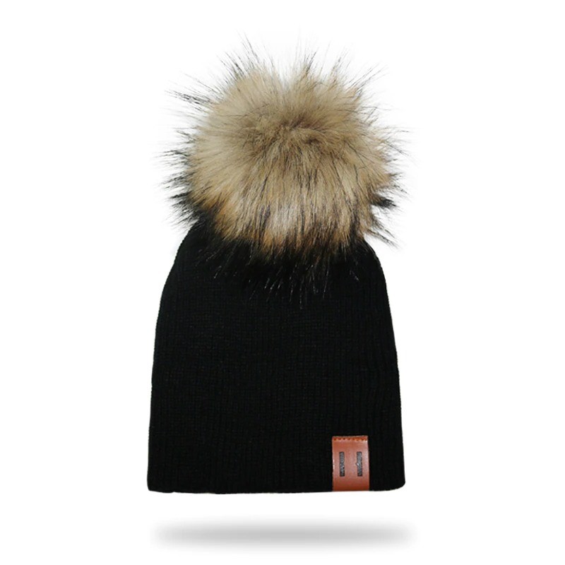 Gebreide muts met pompon / leren label - unisex - voor kinderen / volwassenenPetjes & mutsjes