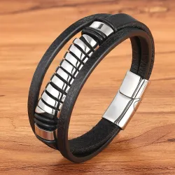 Meerlaagse leren armband - kruisdesign - met sluiting - roestvrij staalArmbanden