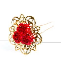 Golden hairpins with red roses - 30 piecesHair clips
