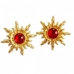 Vintage sun shaped - stud earrings - with red pearl decoration