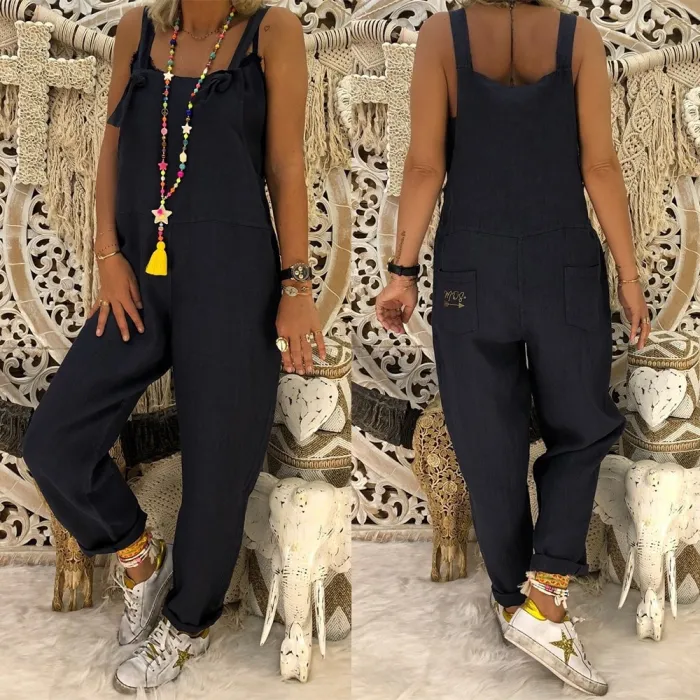 Vintage linnen jumpsuit - veterbandjes - los - wijde pijpenJumpsuits