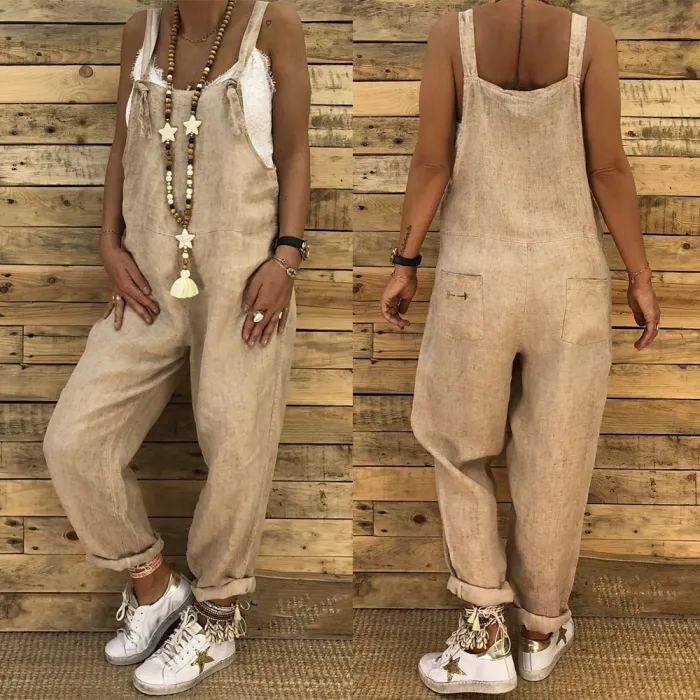Vintage linen jumpsuit - lace up straps - loose - wide legJumpsuits