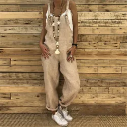 Vintage linen jumpsuit - lace up straps - loose - wide legJumpsuits