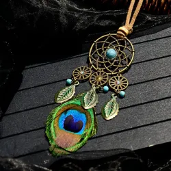 Lange ketting met pauwenveer - dromenvanger - leren touwHalskettingen