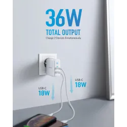36W - 2-poorts PIQ 3.0 - type-C - wandlader - met opvouwbare stekkerOpladers