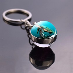 Blue sea life - round double sided glass keychain - turtle / dolphin / seashellsKeyrings